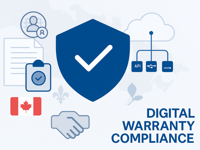 Illustration of digital compliance and API integration securing warranty programs against PIPEDA, FSRA, and Quebec Bill 64 regulations.