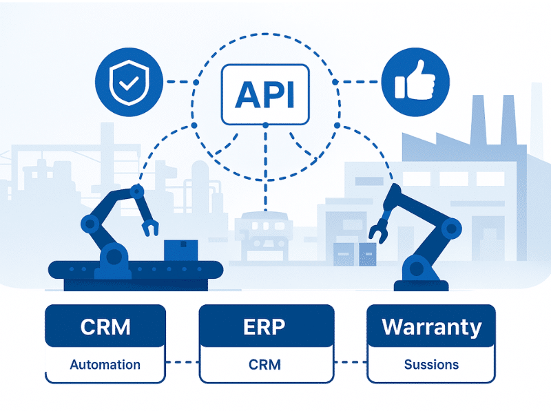 Illustration of API integration transforming warranty management for OEMs, showing manufacturing systems connected through data and automation.