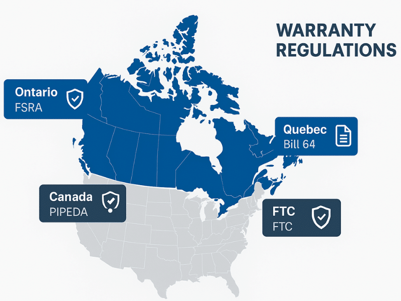 Map highlighting warranty regulations across Canada and the U.S., including FSRA, PIPEDA, and Quebec Bill 64.