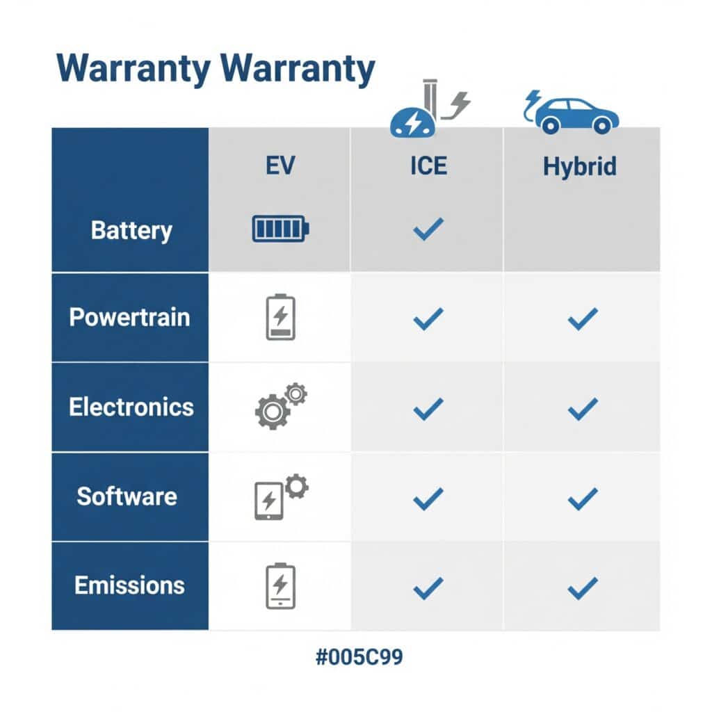 Comparison table visual showing warranty differences for EV, ICE, and Hybrid vehicles across battery, powertrain, electronics, and emissions.