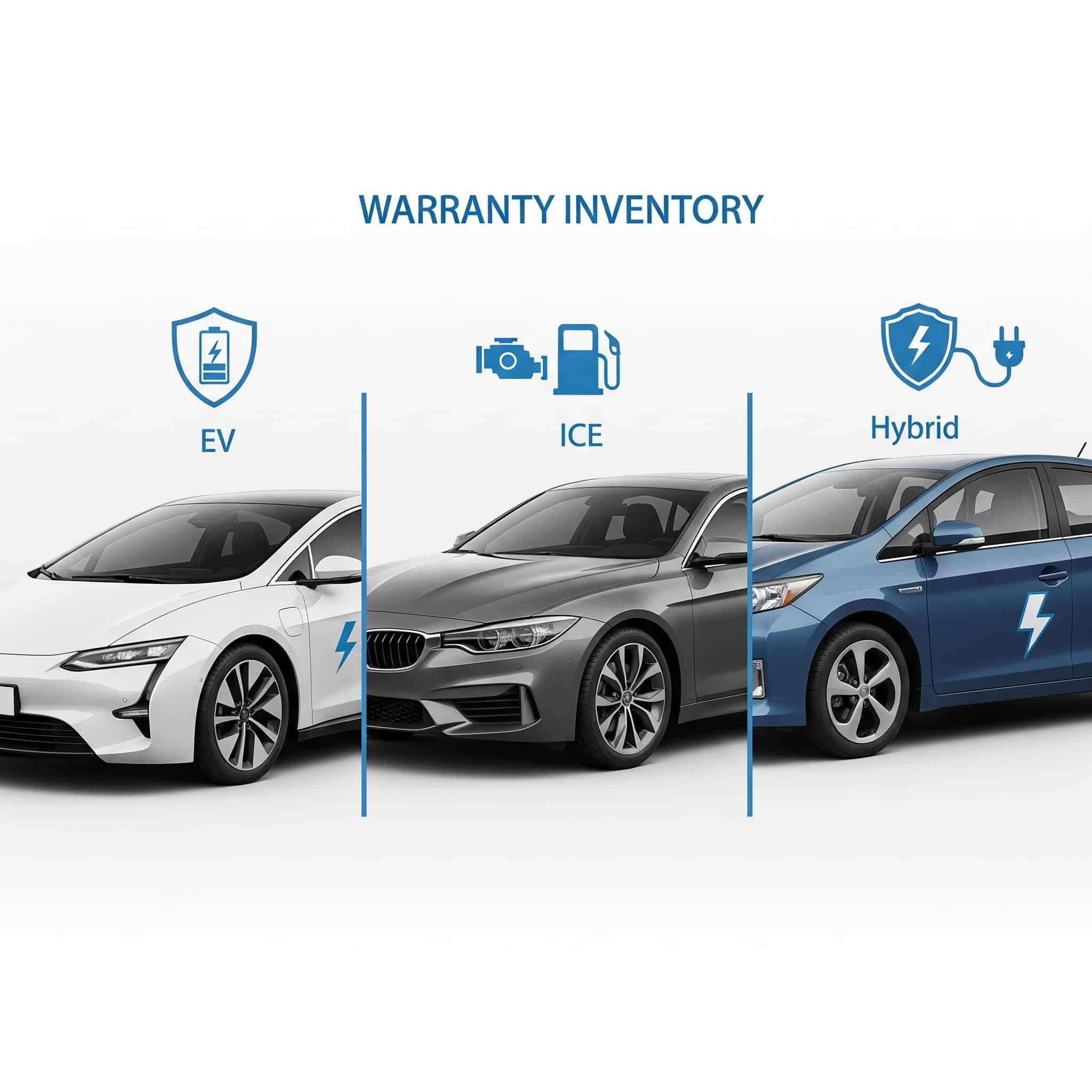 Illustration of electric, internal combustion, and hybrid vehicles representing evolving auto inventory under warranty coverage.