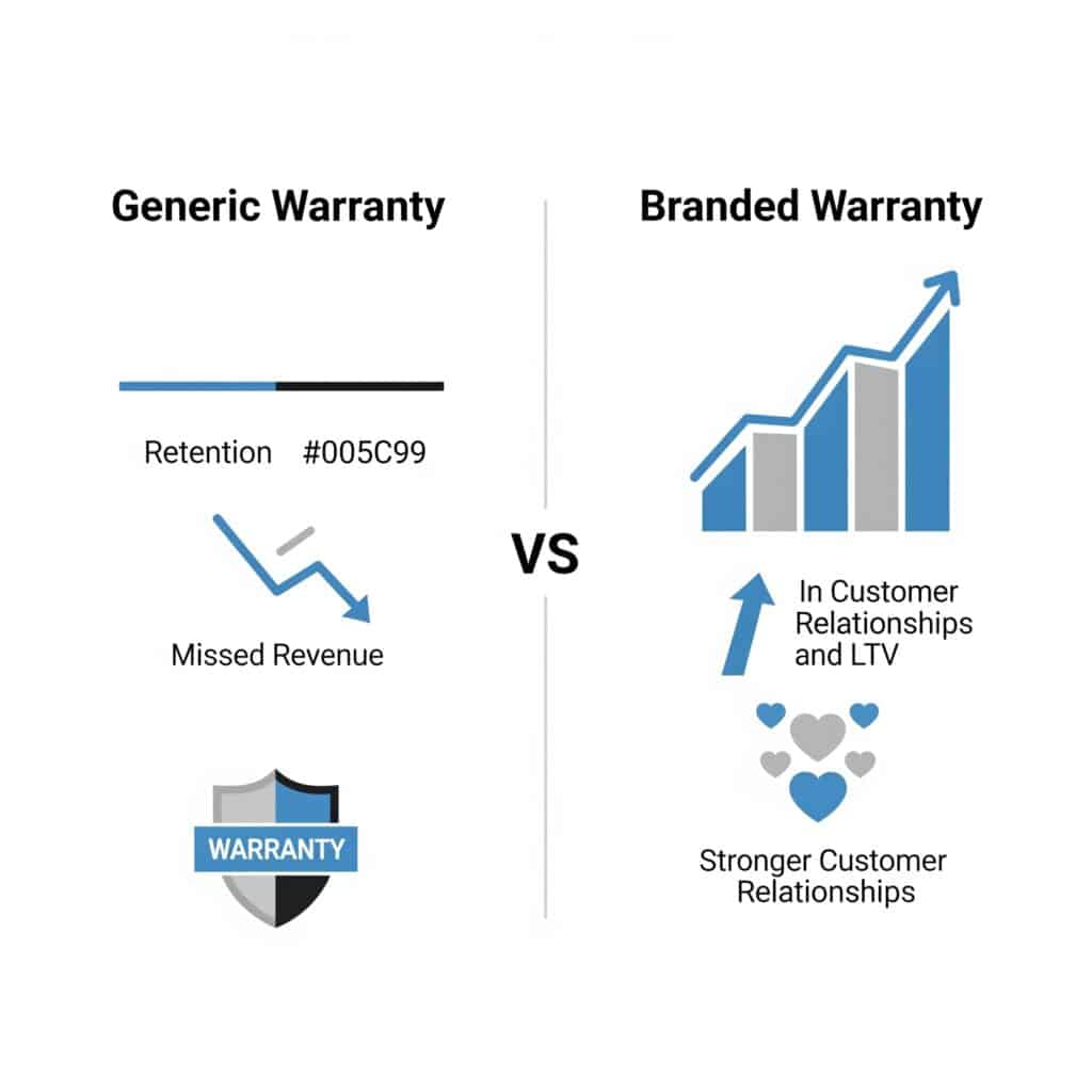 Side-by-side comparison showing generic warranties with flat retention versus branded warranties with rising customer loyalty and revenue.