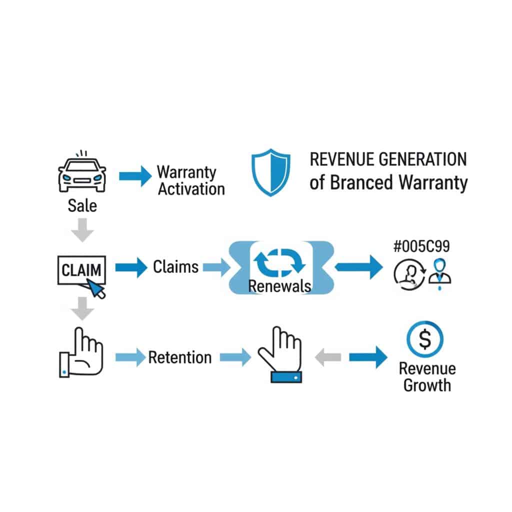 Flow diagram showing how branded warranties generate revenue through activation, claims, renewals, and retention.