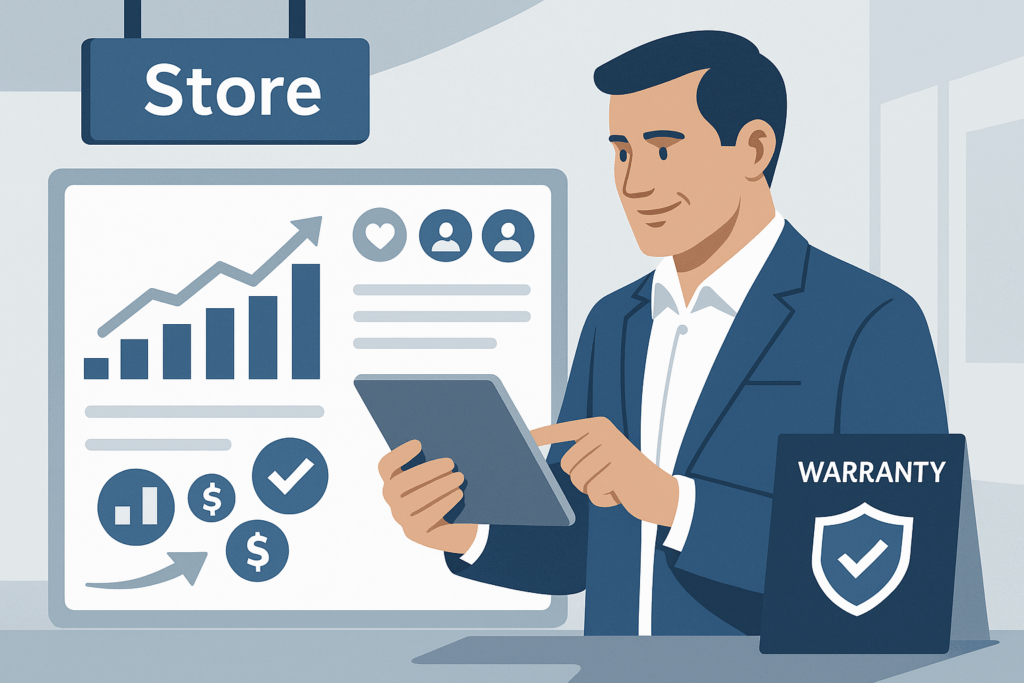 Retail executive reviewing dashboard showing growth in loyalty and margins through private-label warranty programs.