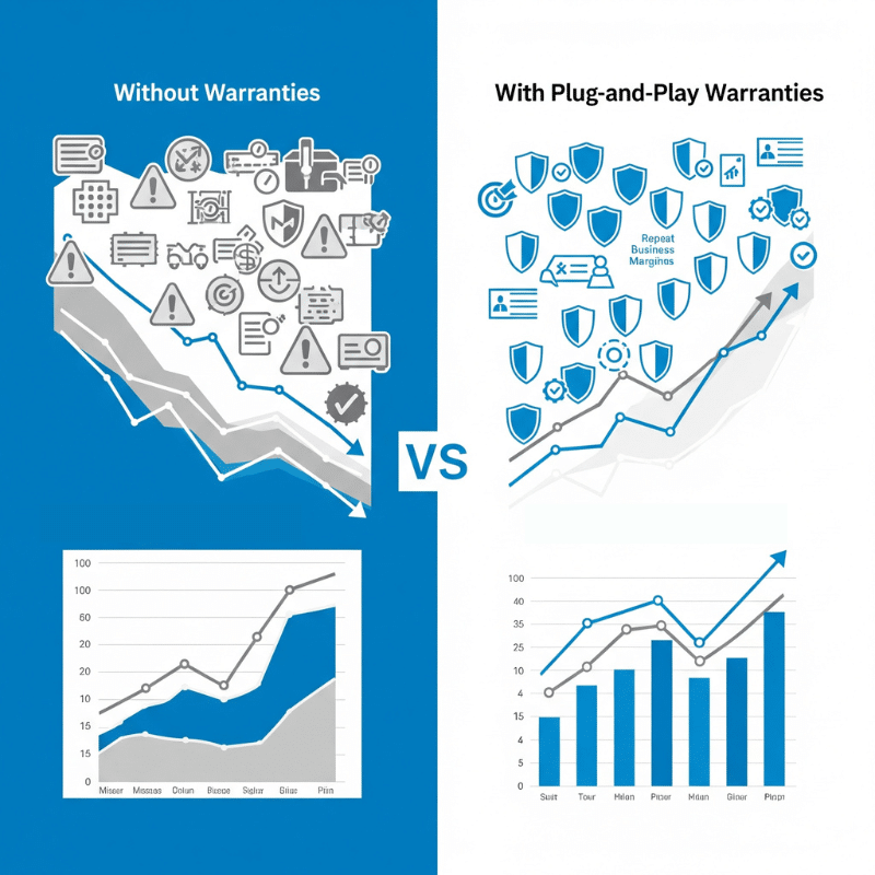 Comparison showing retail performance without warranties (missed revenue) vs. with plug-and-play warranty programs (higher retention, profits).