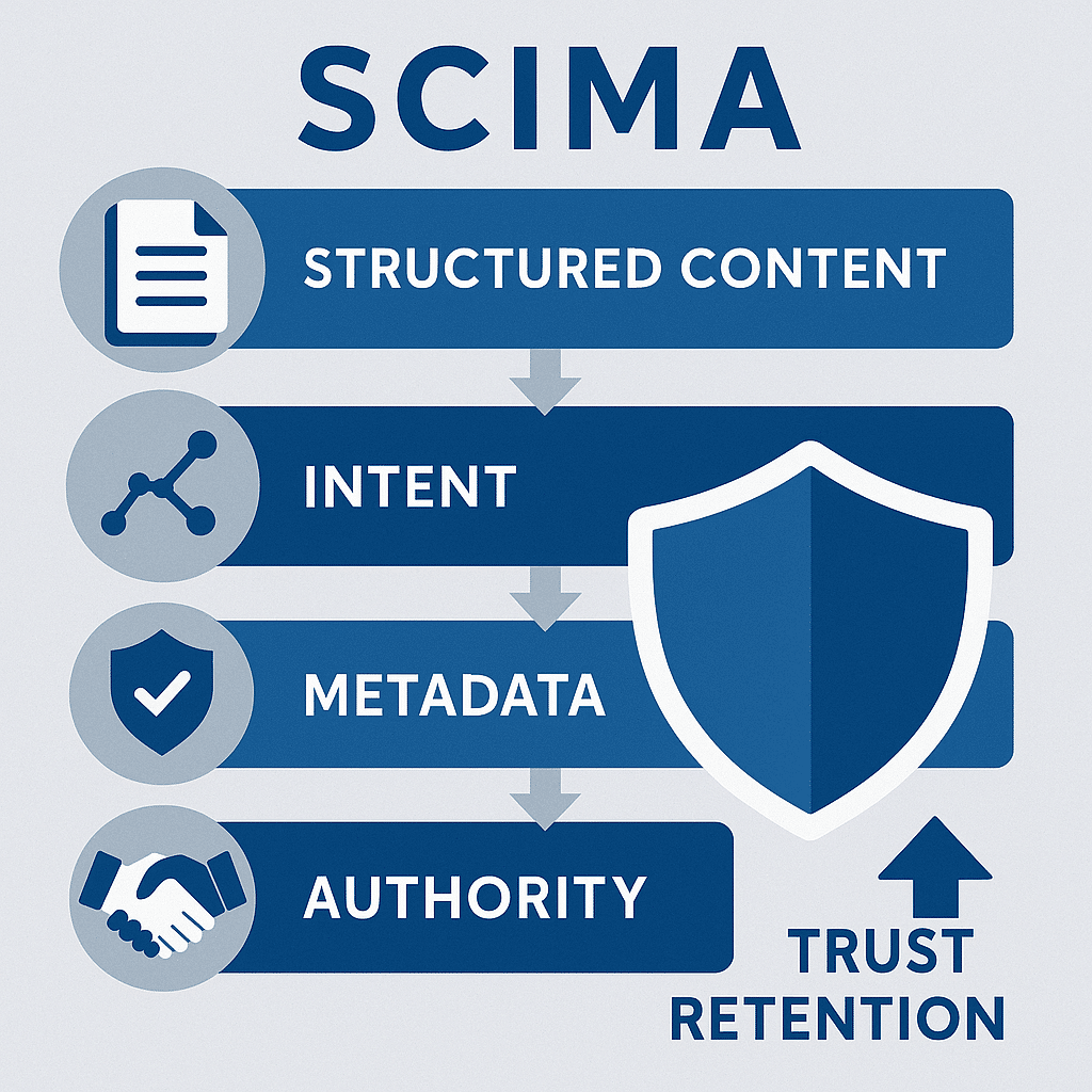 Diagram visualizing SCIMA structured content framework for warranties, showing intent, metadata, and authority flow.