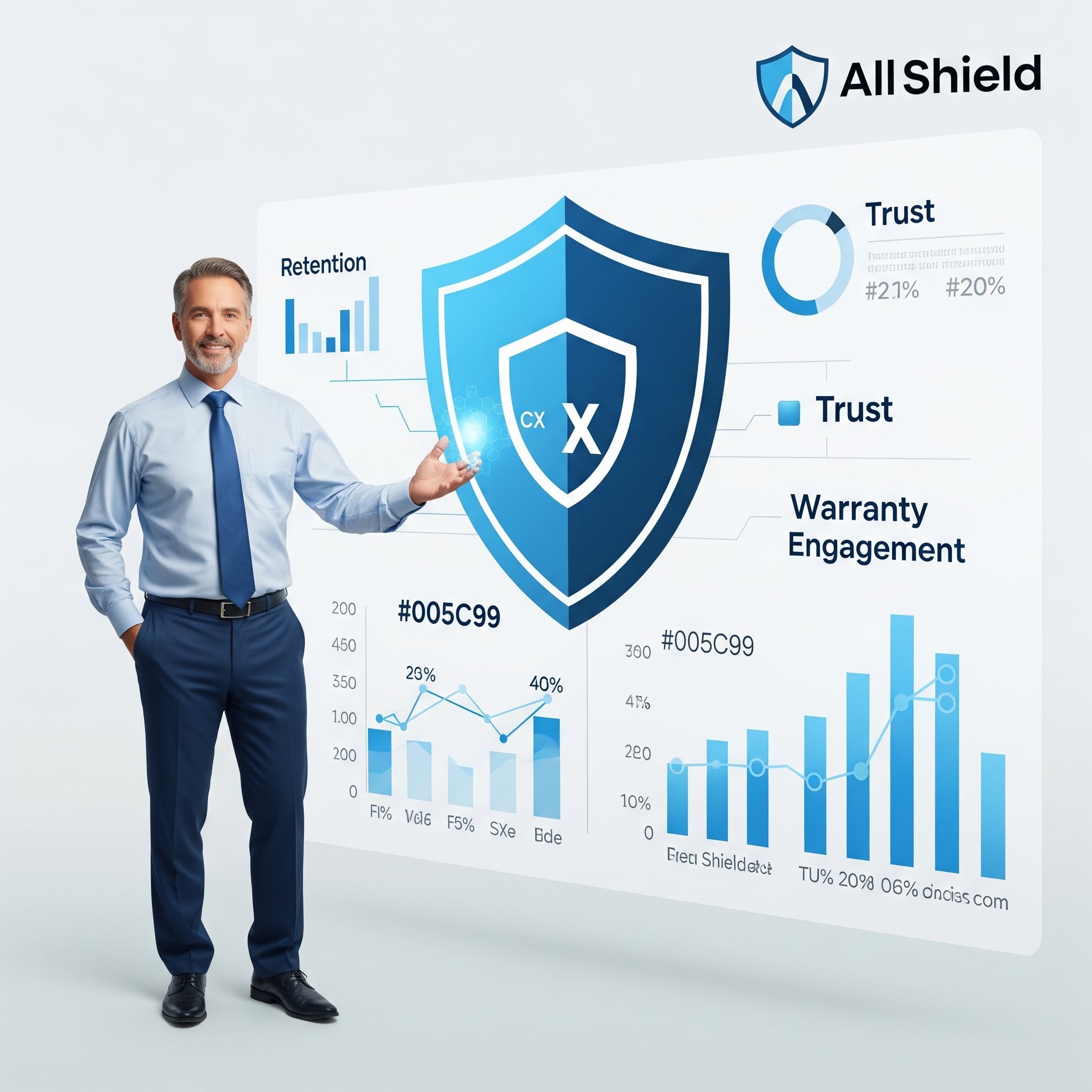 Business leader standing confidently beside digital shield representing structured warranty content driving post-sale confidence and revenue.