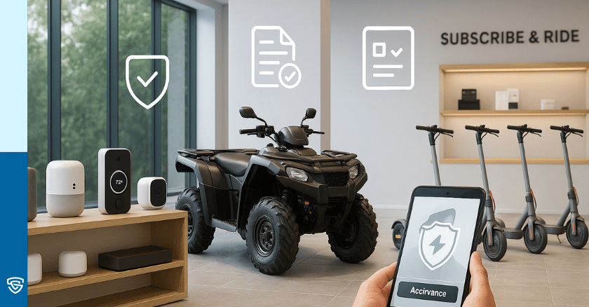 Showroom with smart home devices, powersports vehicle, and subscription scooter — illustrating bundled warranty coverage across product lines