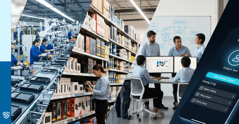 Prompt: Collage-style photorealistic wide image: an OEM assembly plant, a big-box retail aisle, a TPA office team, and a fintech/warranty tech app screen. Seamlessly blended into one scene representing the variety of industries supported. Platform Capabilities Prompt: Collage showing OEM factory, big-box retailer, TPA office team, and fintech warranty app — representing target users of warranty program development