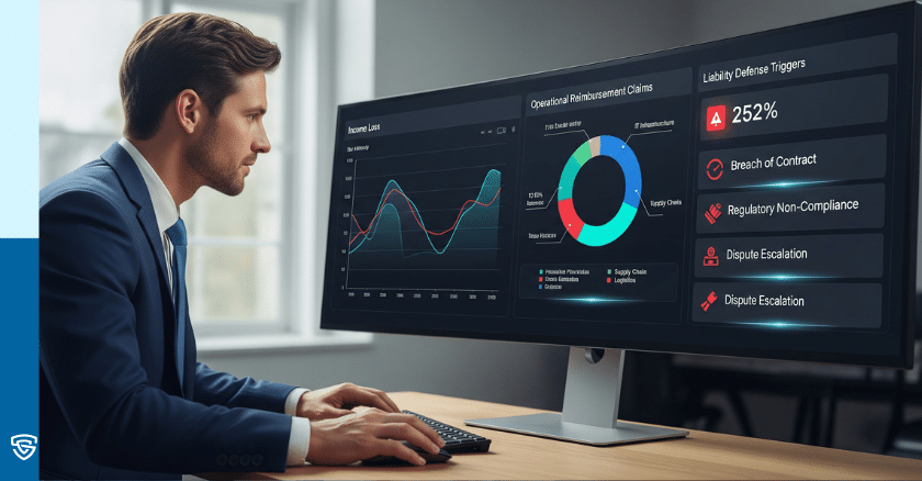 Analyst reviewing business interruption dashboards showing income loss charts and liability defense coverage