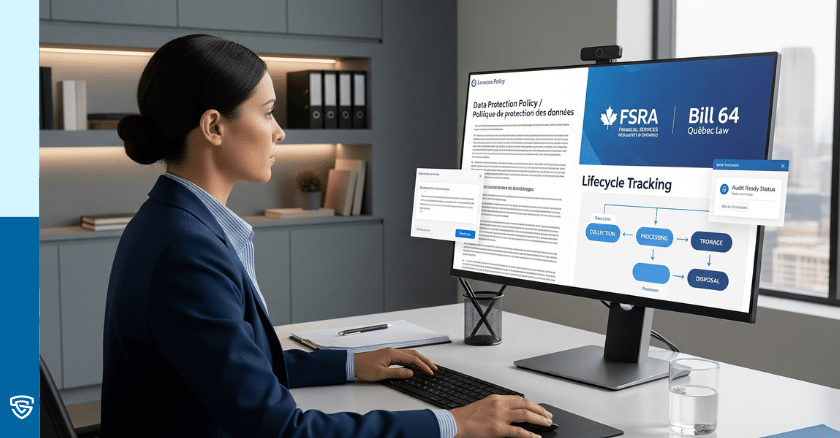 Compliance officer reviewing bilingual policy documents with FSRA, PIPEDA, and Quebec Bill 64 logos and digital audit-ready