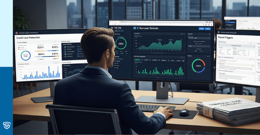 Financial analyst reviewing risk dashboards with borrower default protection and payout triggers
