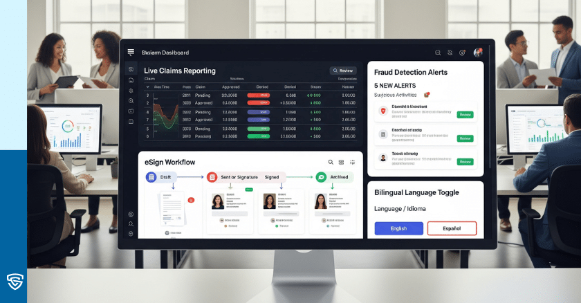Digital dashboard showing live claims reporting, underwriting rules, eSign flow, and multilingual support — insurance program features