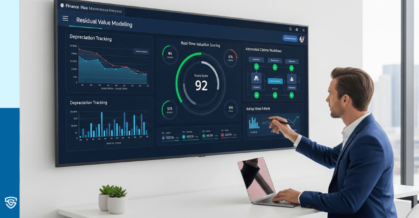 Finance professional reviewing a digital dashboard with residual value modeling, depreciation tracking, and automated claims workflows