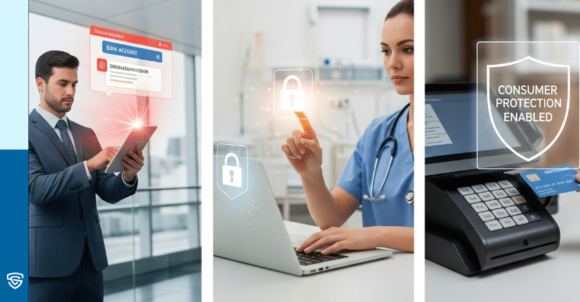 Collage of financial services, healthcare, retail, and SaaS platforms using cyber liability coverage tailored to sector risks
