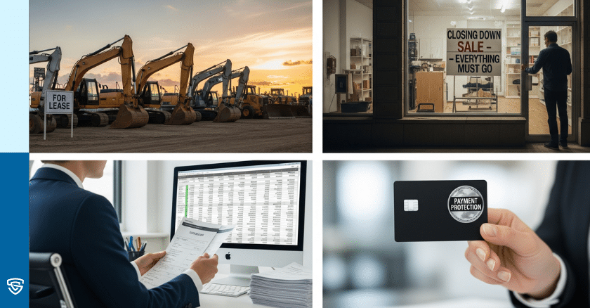 Collage showing equipment leasing, merchant financing, invoice factoring, and commercial cards with risk protection