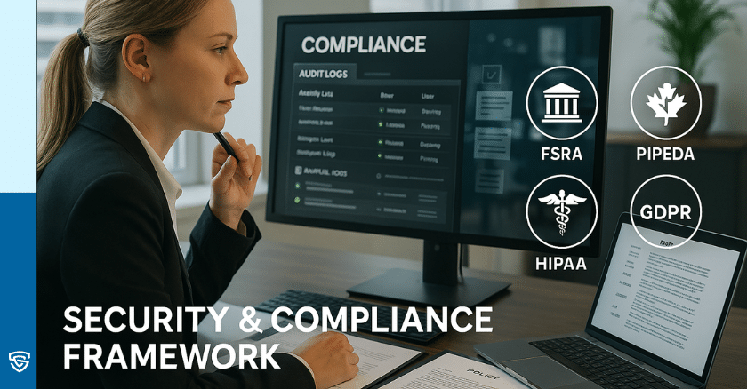 Compliance officer auditing digital logs with FSRA, PIPEDA, HIPAA, and GDPR icons for cyber liability compliance
