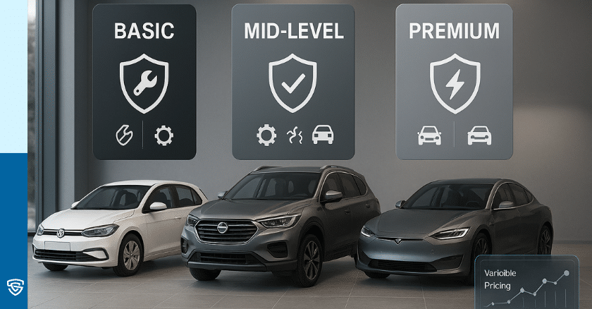 Vehicles with visual tier markers representing basic, extended, and premium warranty protection levels — mechanical and accidental damage included
