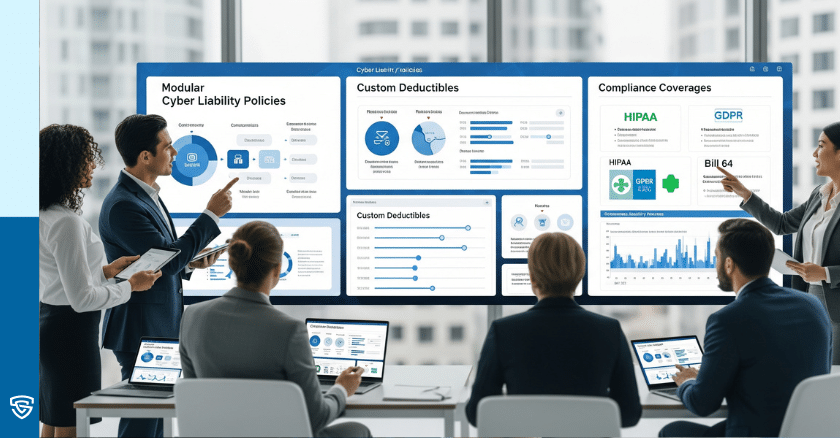 Insurers reviewing digital dashboards with modular cyber liability policies, compliance coverage, and custom deductibles