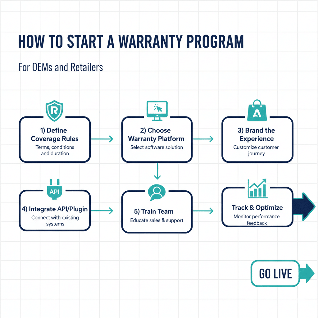 Flowchart showing six steps to launch a white-label warranty program: define coverage, choose platform, brand experience, integrate systems, train teams, track results.