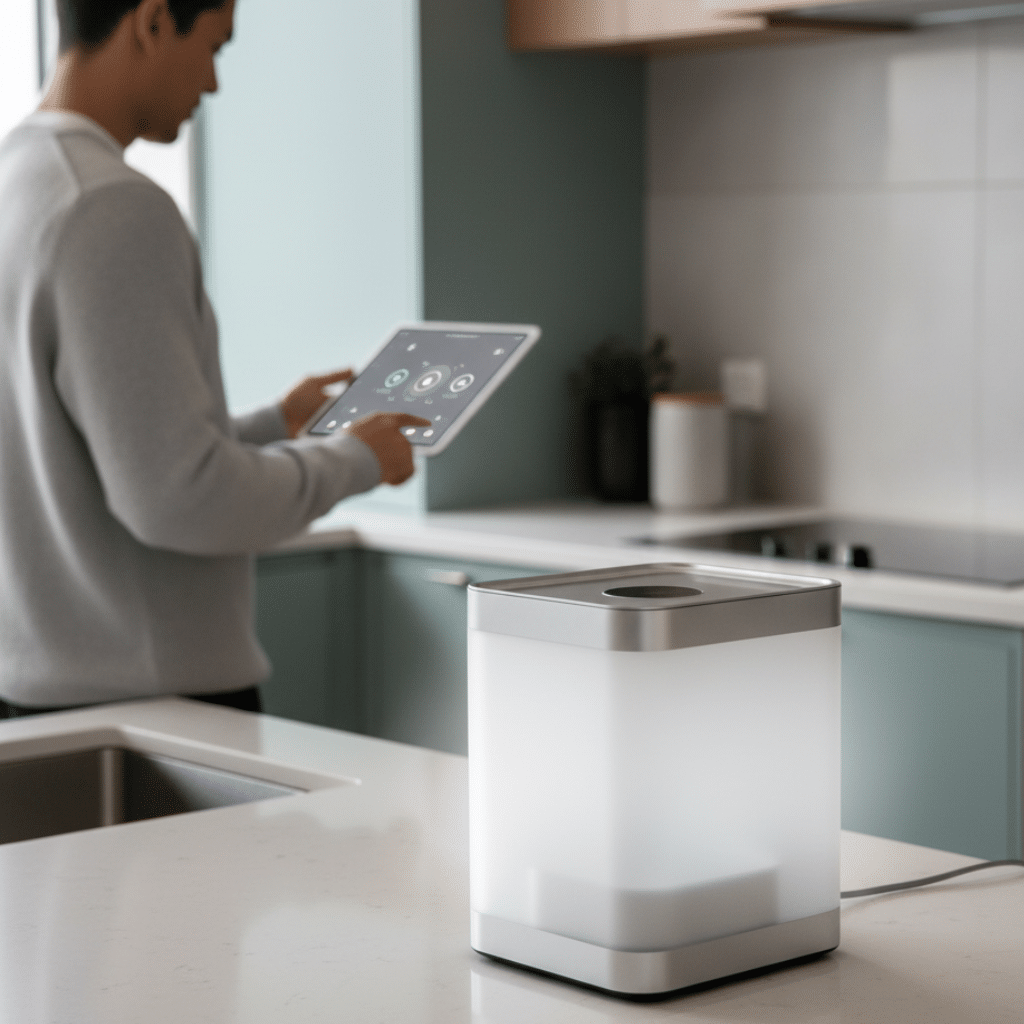 Photorealistic image of a smart home appliance with a customer using a digital interface in the background.