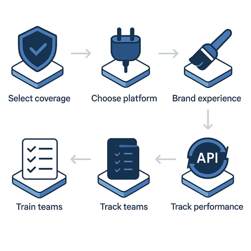 Six-step flowchart for launching an extended warranty program with icons and tech-style integration design.
