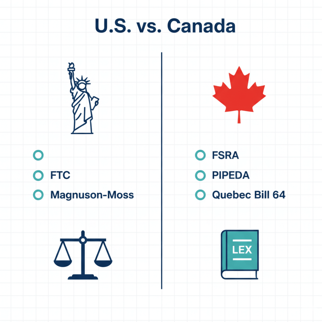 Visual comparison of U.S. and Canadian warranty compliance frameworks.
