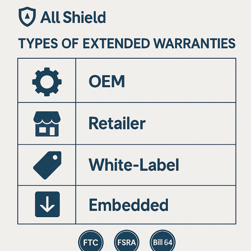 Visual comparison chart of extended warranty types with examples and compliance details by All Shield.