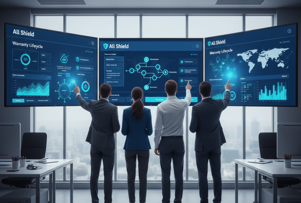 “Business professionals analyzing extended warranty coverage and lifecycle data on All Shield’s platform.”